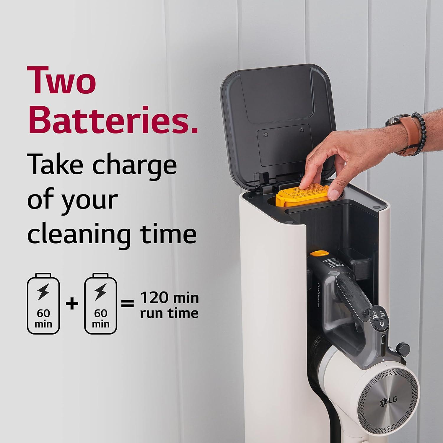 imageLG CordZero A937  Cordless Stick Vacuum Cleaner with AutoEmpty Base 120 Minute Runtime wExtra Rechargeable Battery Dual Floor Max Lightweight Powerful Cleaning for Carpet Hardwood Pet HairSand Beige A939kbgs