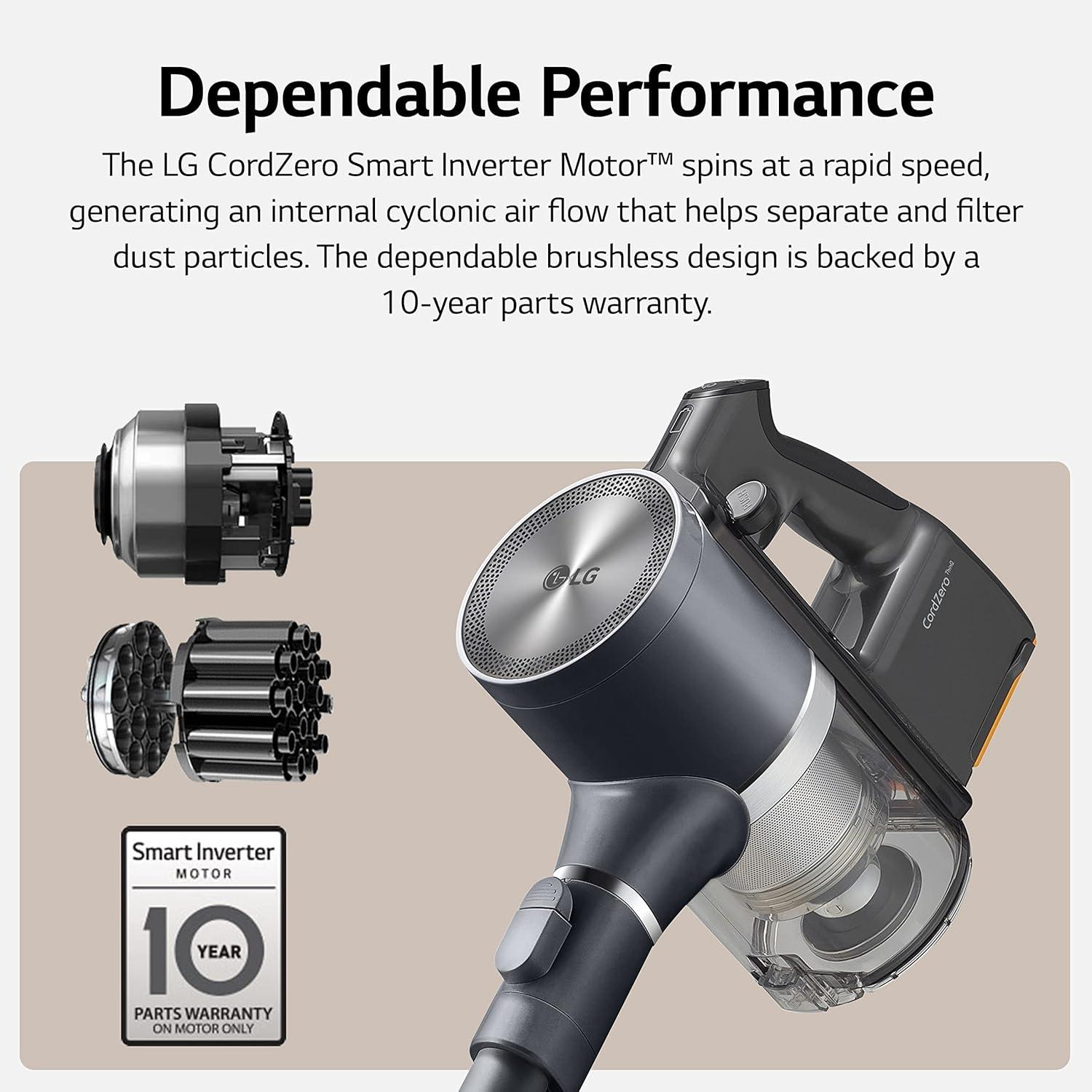 imageLG CordZero A937  Cordless Stick Vacuum Cleaner with AutoEmpty Base 120 Minute Runtime wExtra Rechargeable Battery Dual Floor Max Lightweight Powerful Cleaning for Carpet Hardwood Pet HairIron Grey A937kgms