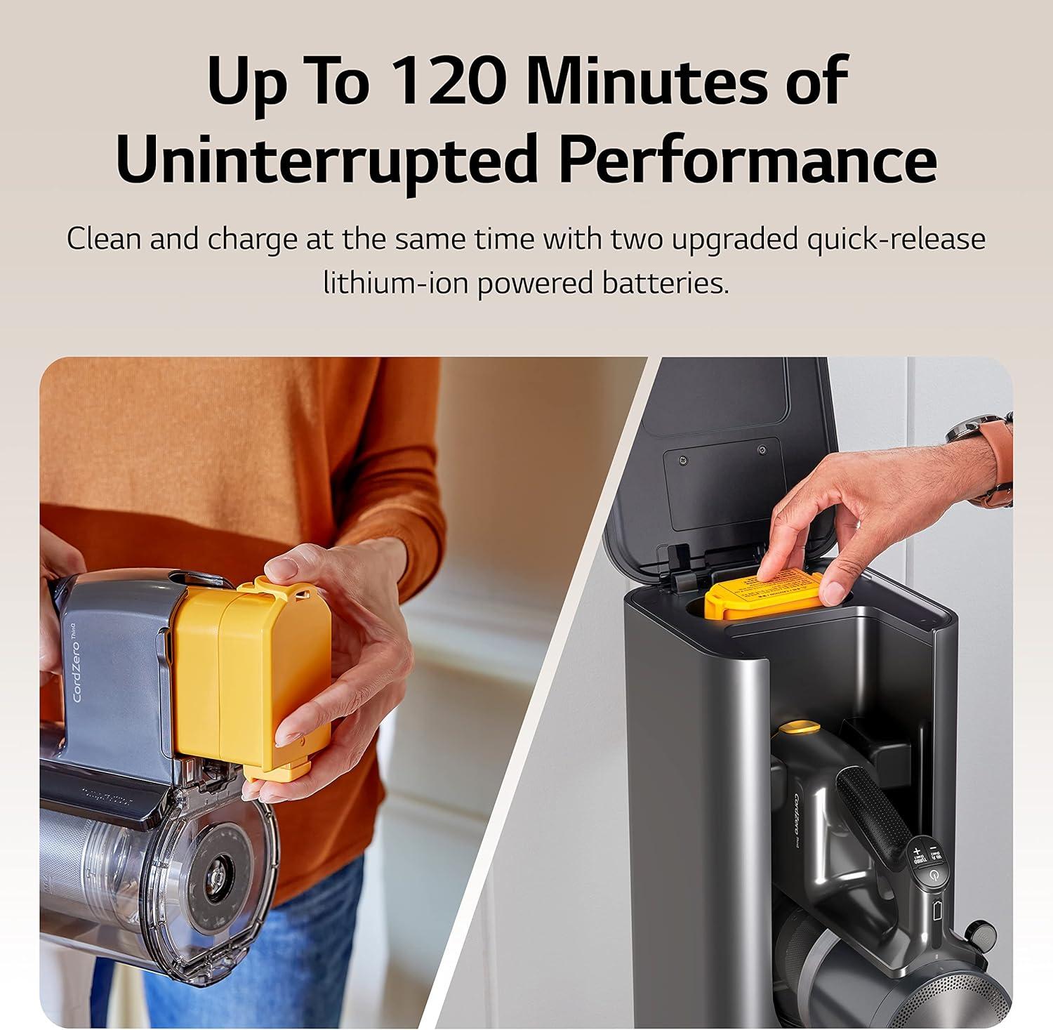 imageLG CordZero A937  Cordless Stick Vacuum Cleaner with AutoEmpty Base 120 Minute Runtime wExtra Rechargeable Battery Dual Floor Max Lightweight Powerful Cleaning for Carpet Hardwood Pet HairIron Grey A937kgms