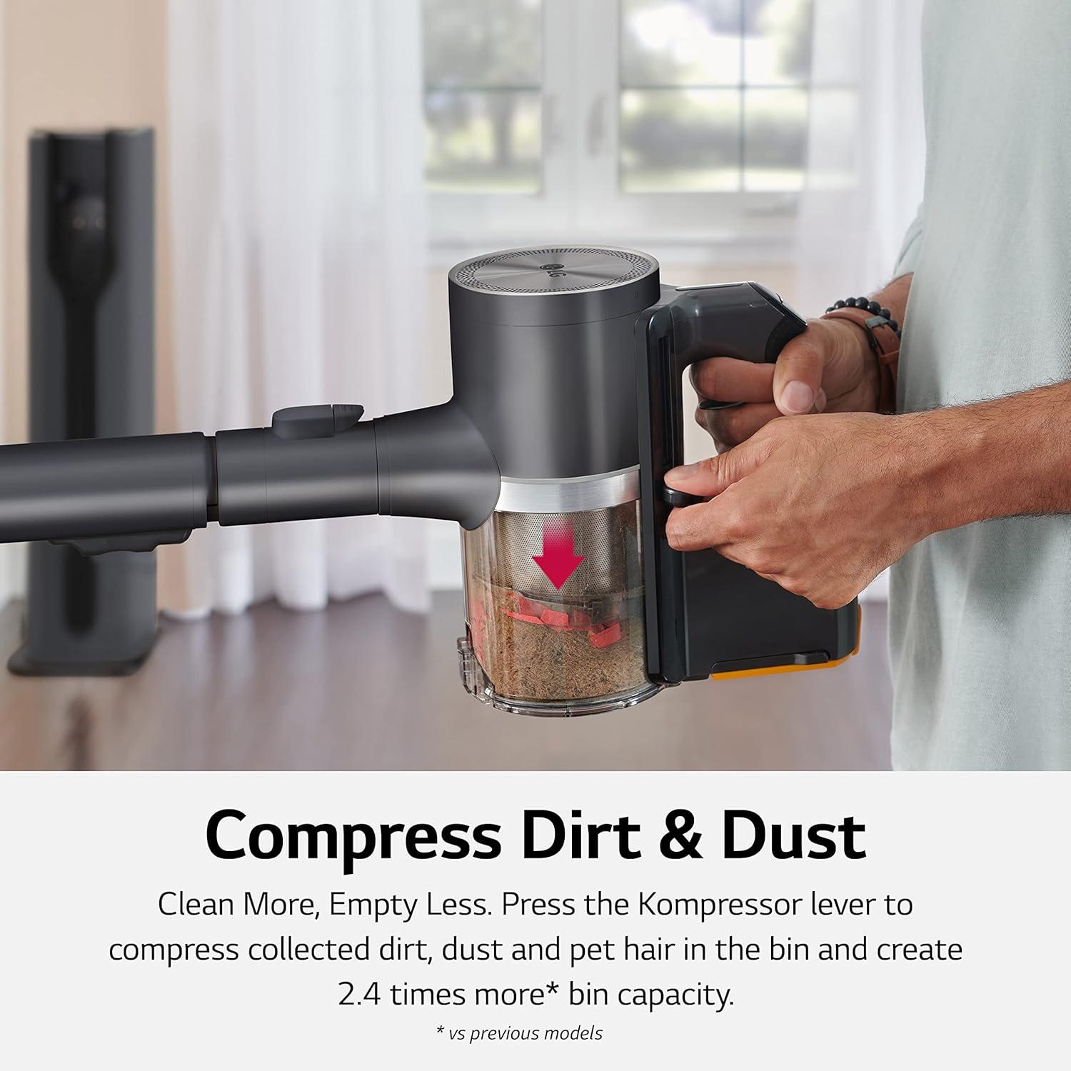 imageLG CordZero A937  Cordless Stick Vacuum Cleaner with AutoEmpty Base 120 Minute Runtime wExtra Rechargeable Battery Dual Floor Max Lightweight Powerful Cleaning for Carpet Hardwood Pet HairIron Grey A937kgms