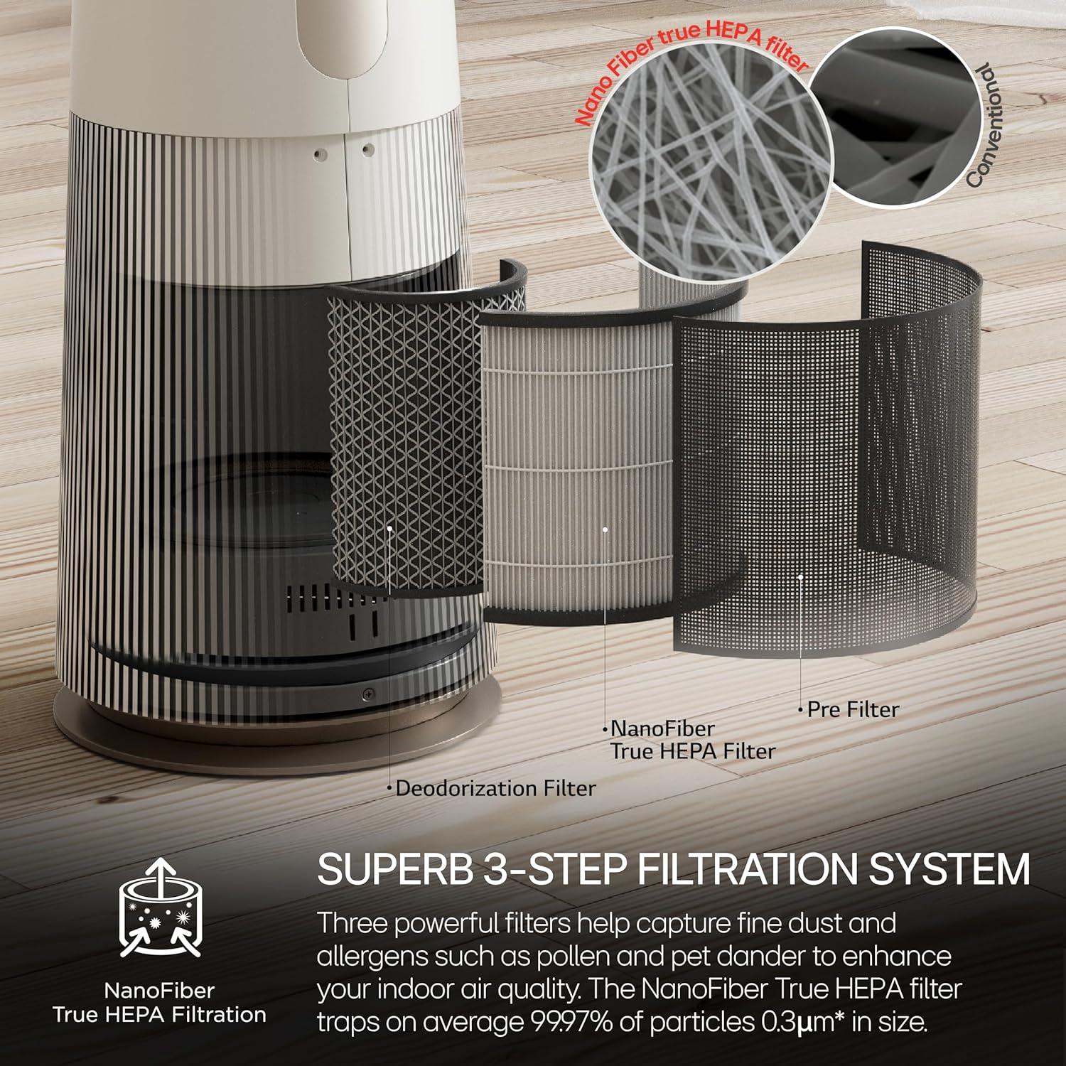imageLG PuriCare AeroTower Air Purifier Fan for Home Large and Small Room Bedroom with True HEPA Filter Multiple Airflow Options WiFi Air Quality Monitor Low Noise NanoFiberAeroTower NanoFiber