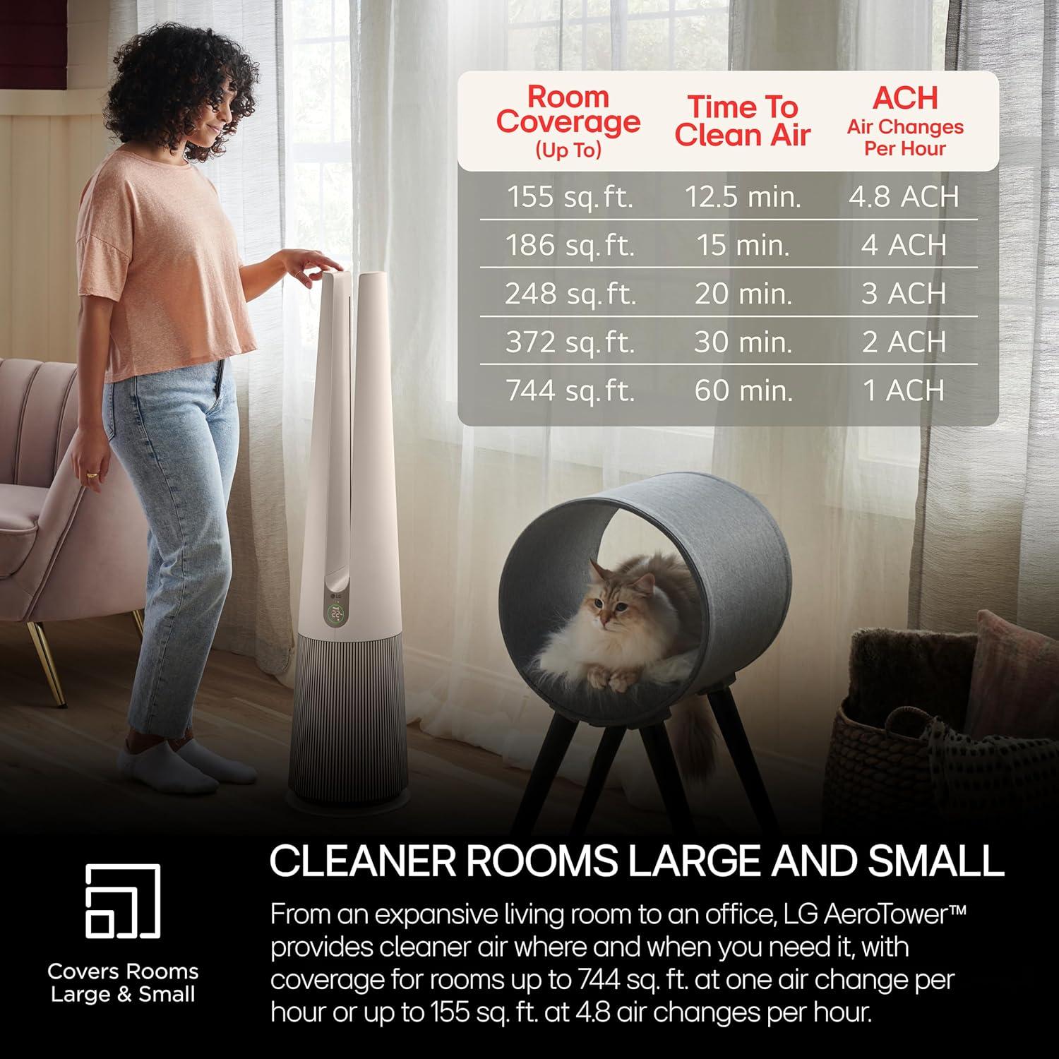 imageLG PuriCare AeroTower Air Purifier Fan for Home Large and Small Room Bedroom with True HEPA Filter Multiple Airflow Options WiFi Air Quality Monitor Low Noise NanoFiberAeroTower NanoFiber