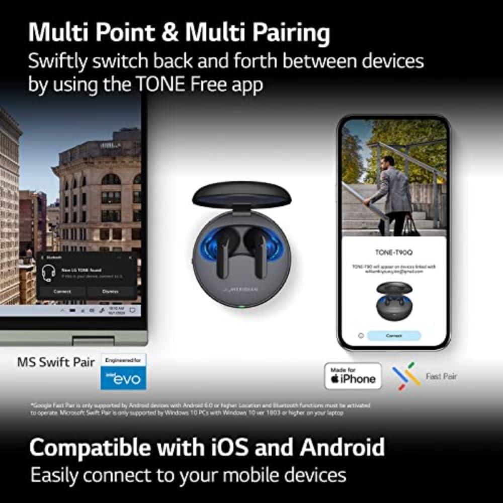 imageLG TONE Free True Wireless Bluetooth Earbuds T90  Adaptive Active Noise Cancelling Earbuds with Dolby Atmos Black Small