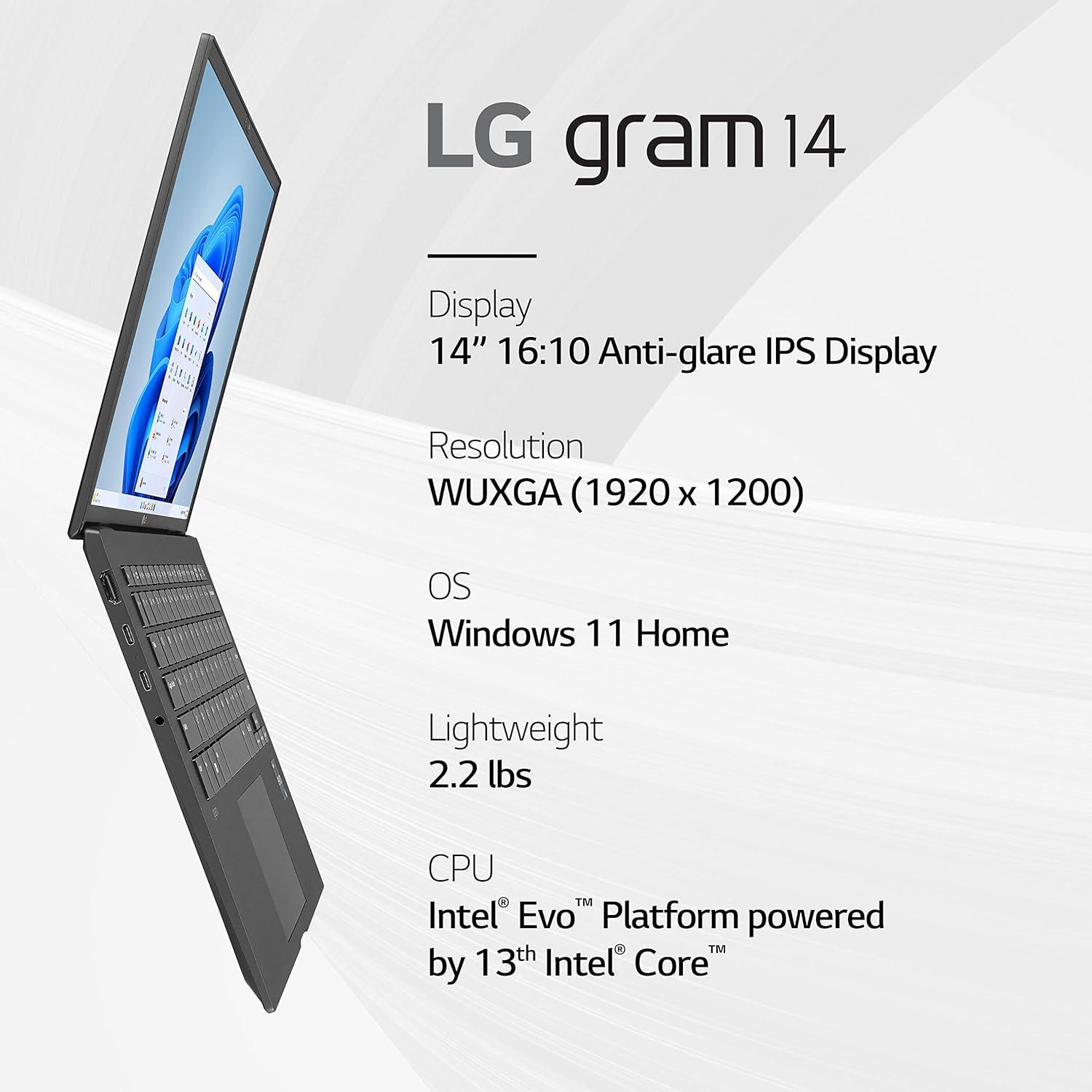 imageLG gram 14 Lightweight Laptop Intel 13th Gen Core i7 Evo Platform Windows 11 Home 32GB RAM 1TB SSD Black