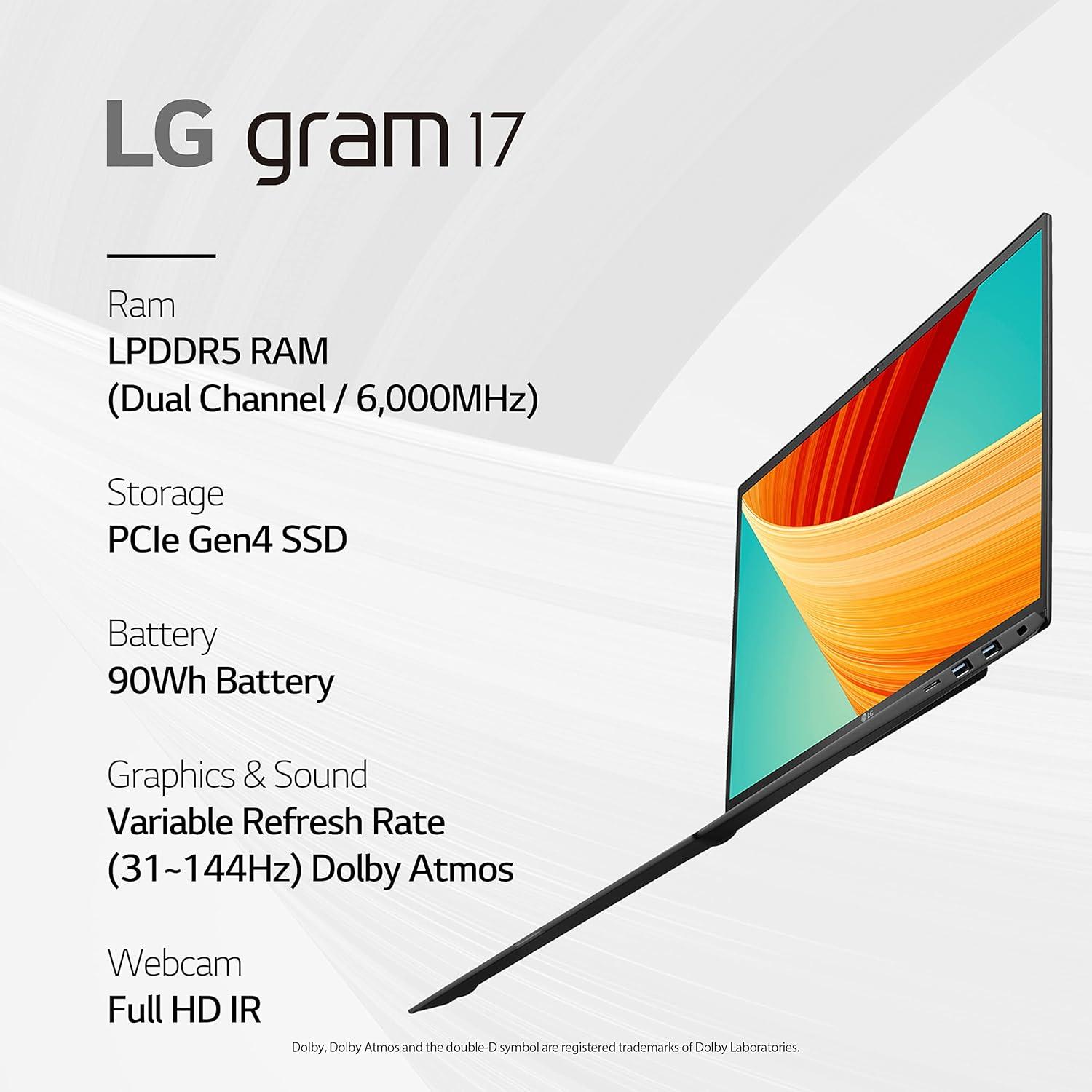 imageLG gram 17 Lightweight Laptop Intel 13th Gen Core i7 Evo Platform Windows 11 Home NVIDIA RTX3050 4GB GPU 32GB RAM 2TB SSD BlackIntel 13th Gen Core i7